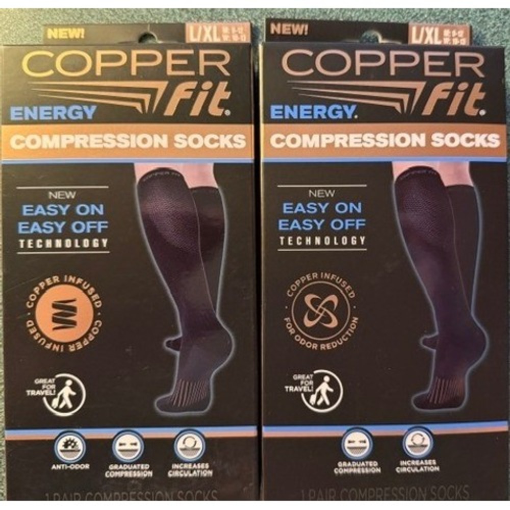 Copper Fit Energy Compression Socks 2 Pairs Black L/XL Men 9-12 Women 10-13 NEW